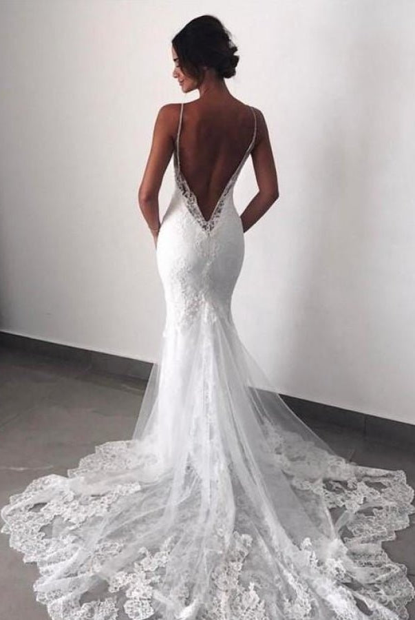 Spaghetti-Straps Backless Mermaid Lace Wedding Dresses with Appliques