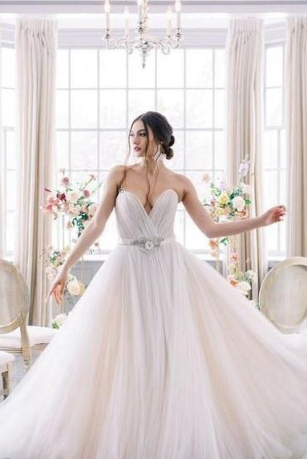 Sweetheart Backless Tulle Wedding Dress with Flower Beaded Belt