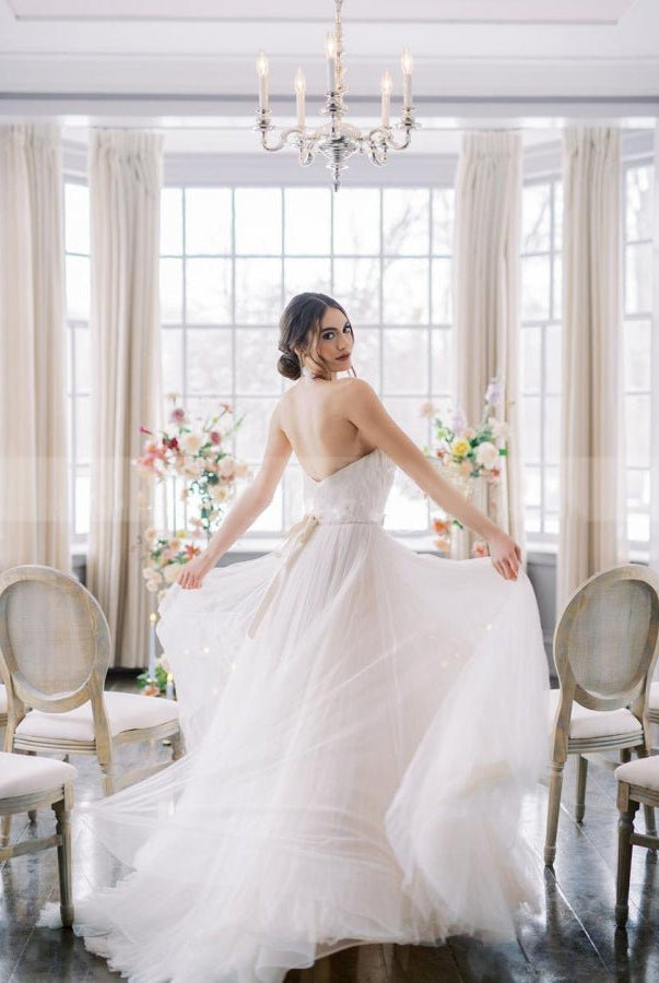 Sweetheart Backless Tulle Wedding Dress with Flower Beaded Belt