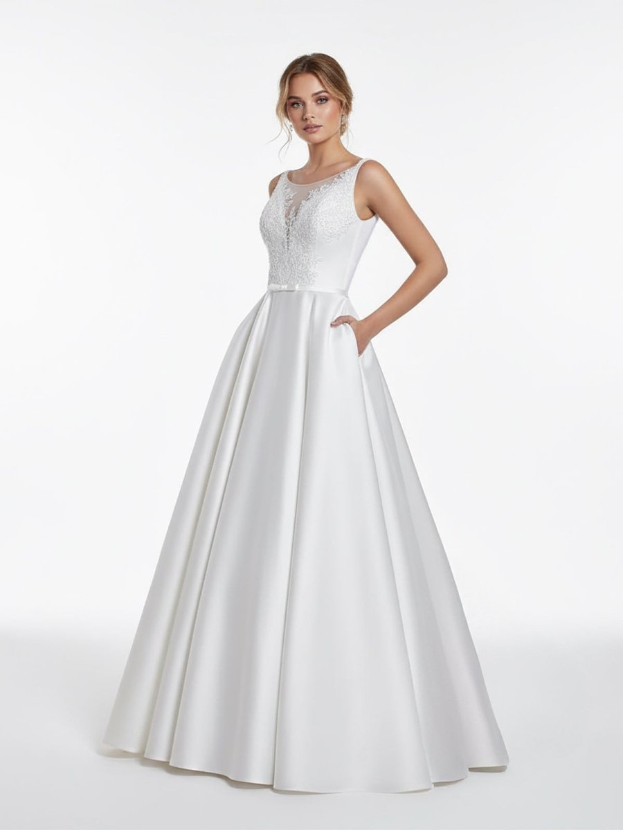A-Line Illusion Neck Sleeveless Floor-Length Satin Wedding Dress with Pleats Diamond White / 10
