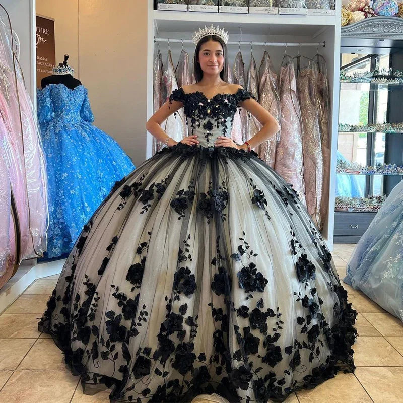 Black Off the Shoulder Quinceanera Dresses With 3D Flowers