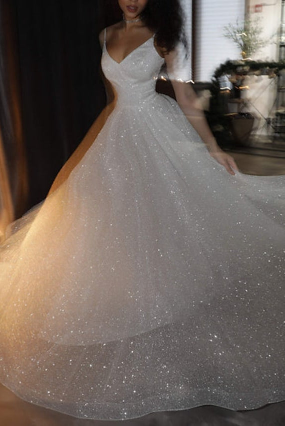 Noemi | Ball Gown Prom Dresses Glittering Dress Wedding Party Court Train Sleeveless Spaghetti Strap Tulle with Sequin