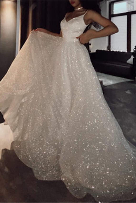 Noemi | Ball Gown Prom Dresses Glittering Dress Wedding Party Court Train Sleeveless Spaghetti Strap Tulle with Sequin