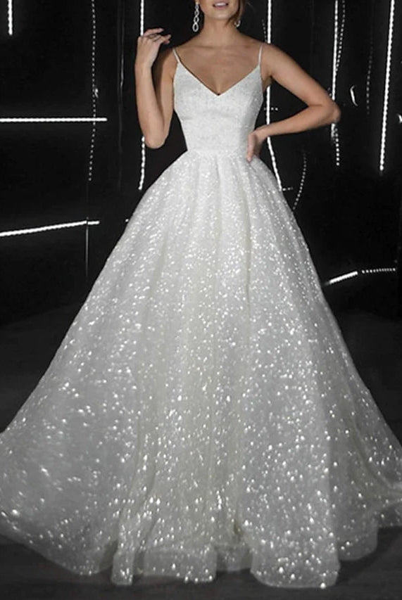 Noemi | Ball Gown Prom Dresses Glittering Dress Wedding Party Court Train Sleeveless Spaghetti Strap Tulle with Sequin