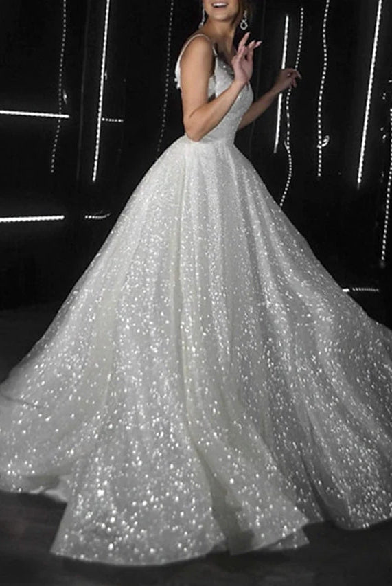 Noemi | Ball Gown Prom Dresses Glittering Dress Wedding Party Court Train Sleeveless Spaghetti Strap Tulle with Sequin