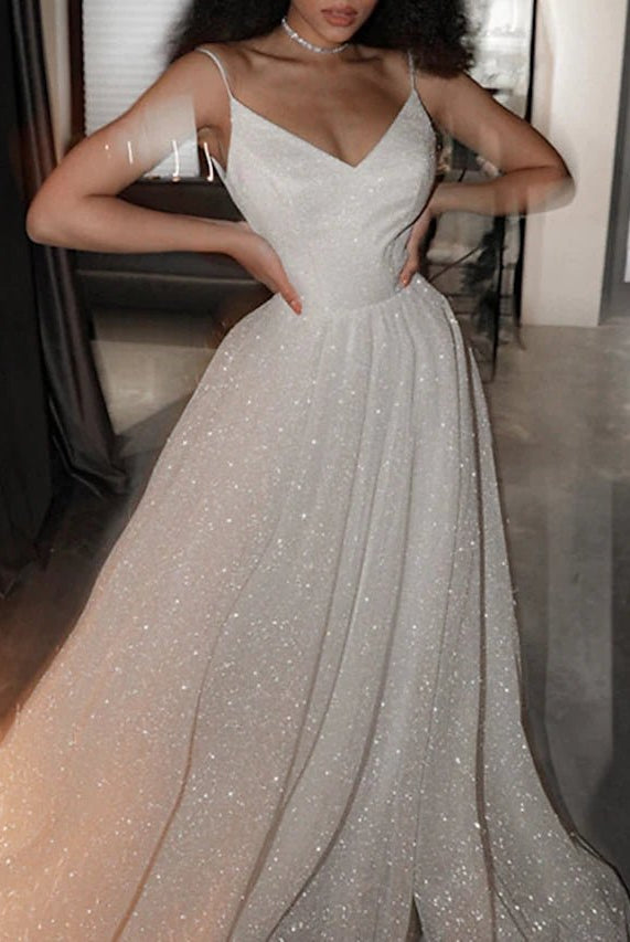 Noemi | Ball Gown Prom Dresses Glittering Dress Wedding Party Court Train Sleeveless Spaghetti Strap Tulle with Sequin