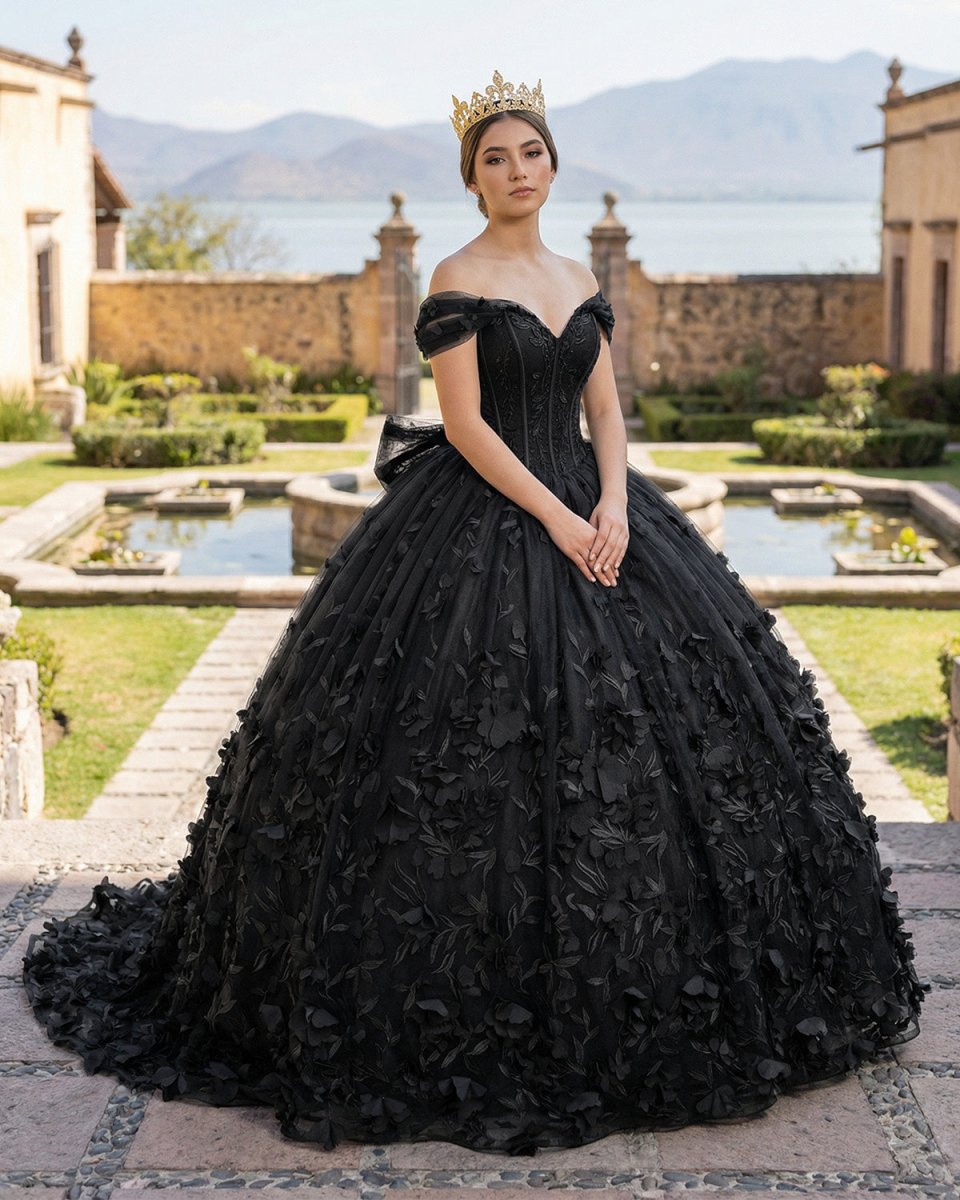 Black Ball Gown Off The Shoulder Quinceanera Dresses With Bowknot