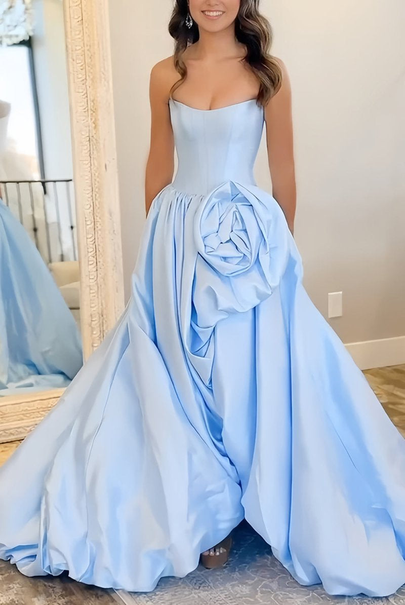 Corlina | Red - Scoop Neck A Line Satin Long Prom Dress With Floral - KissProm