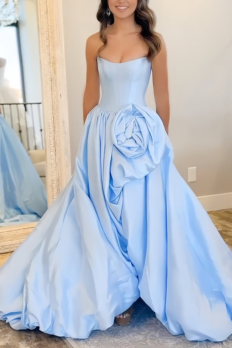 Corlina | Sky Blue - Scoop Neck A Line Satin Long Prom Dress With Floral - KissProm
