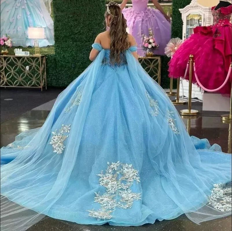 Ball - Gown Sky Blue Appliques Quinceanera Dresses with Cape - KissProm