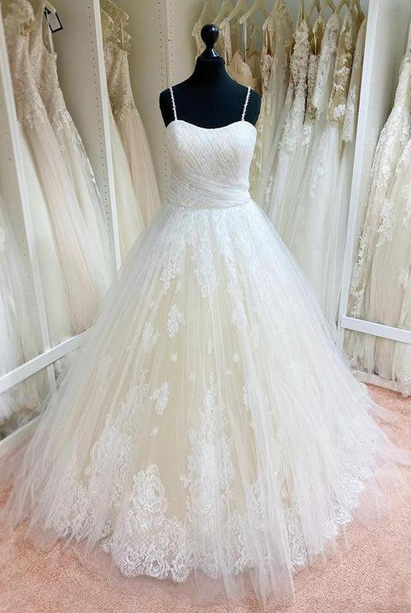 Ball Gown Tulle Lace Spaghetti Straps Appliqued Wedding Dresses