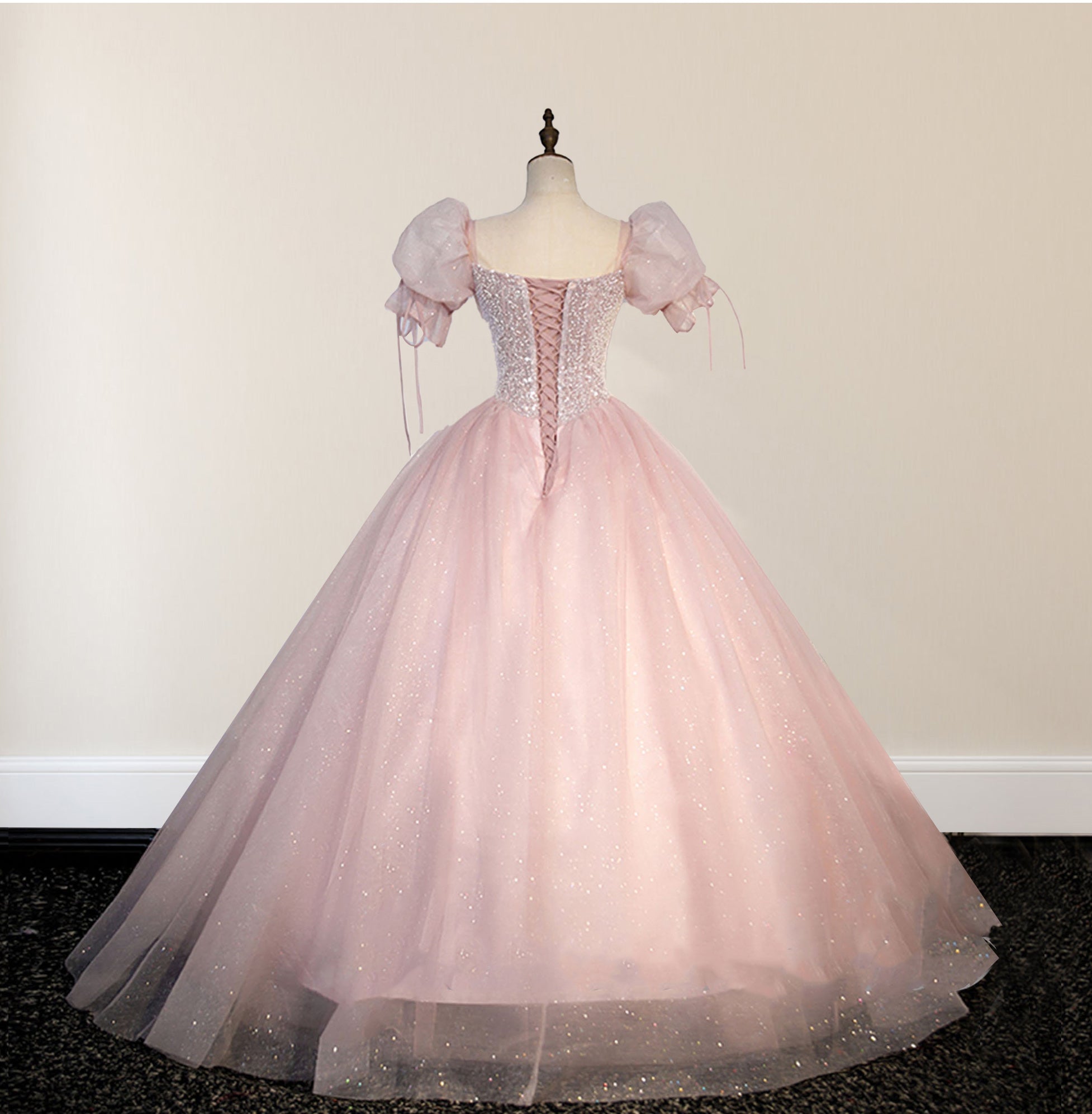 Ball-Gown Tulle  Pink Sweetheart Floor-Length Graduation Birthday Party Dress with Sequined