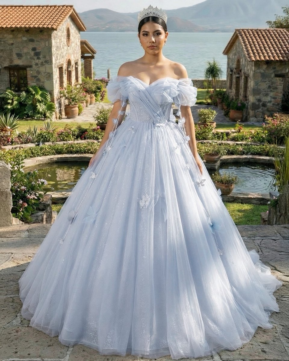 KissProm Ball-Gown Tulle Off The Shoulder Pearls Butterflies Quinceanera Dress with Appliqued, Dusty Blue / 8