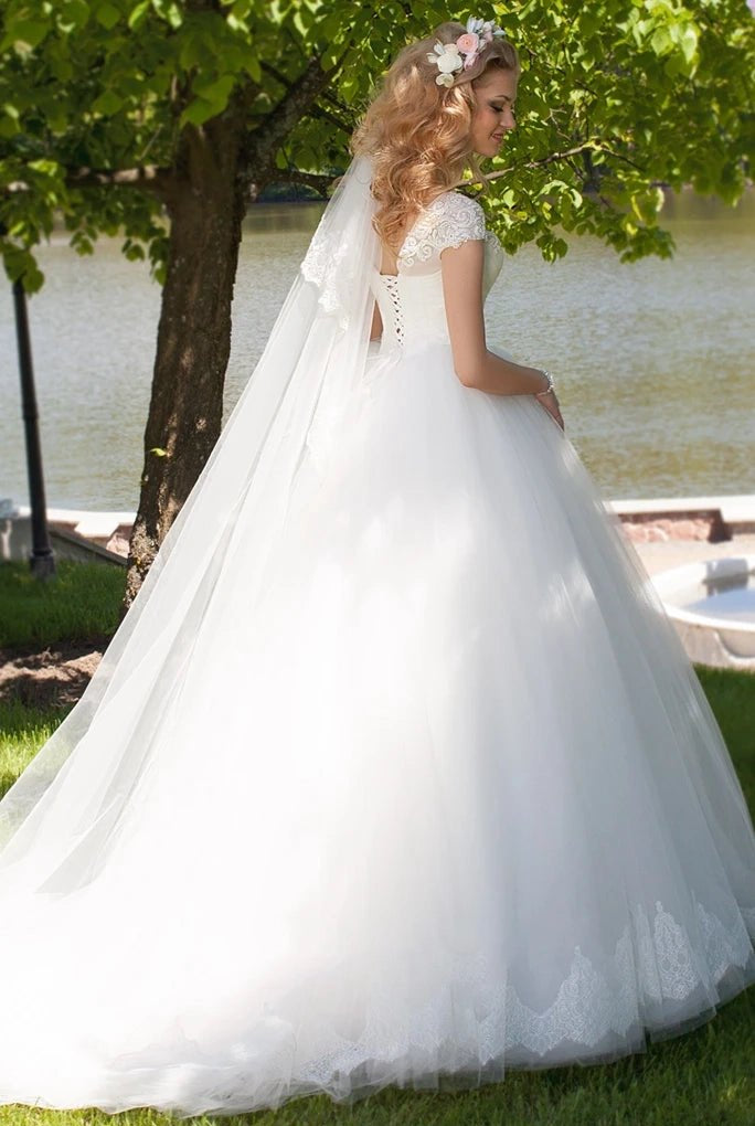 Ball Gown V-Neck Ruched Cap Sleeve Tulle Wedding Dress