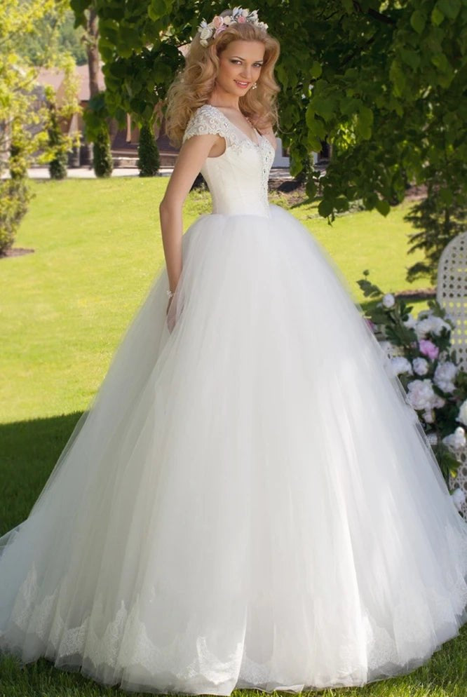 Ball Gown V-Neck Ruched Cap Sleeve Tulle Wedding Dress