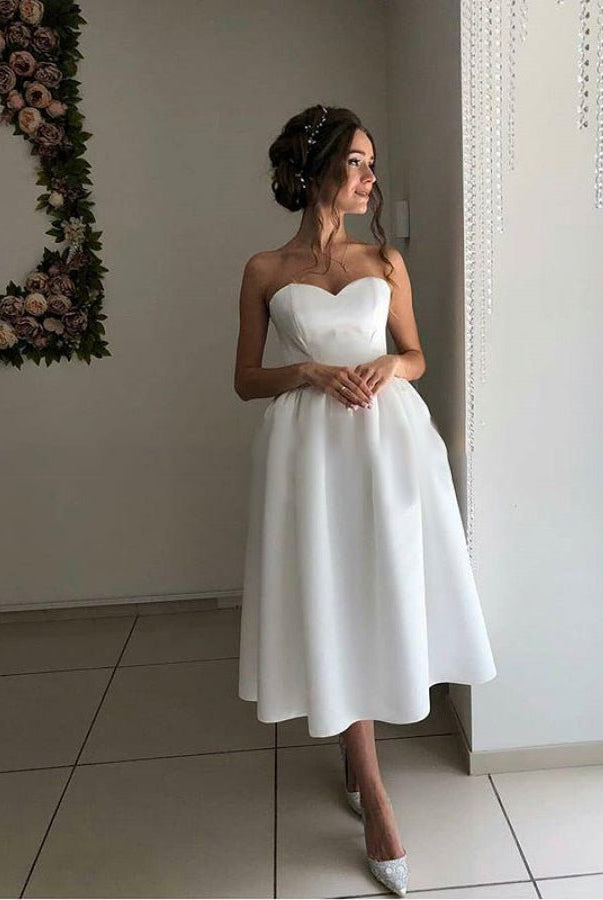 Short Satin Sweetheart Tea-length Bridal Dress for Casual Wedding