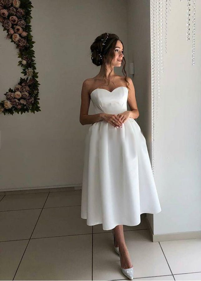 Short Satin Sweetheart Tea-Length Bridal Dress for Casual Wedding, Diamond White / 4 Short Satin Sweetheart Tea-Length Bridal Dress for Casual Wedding, Diamond White / 4