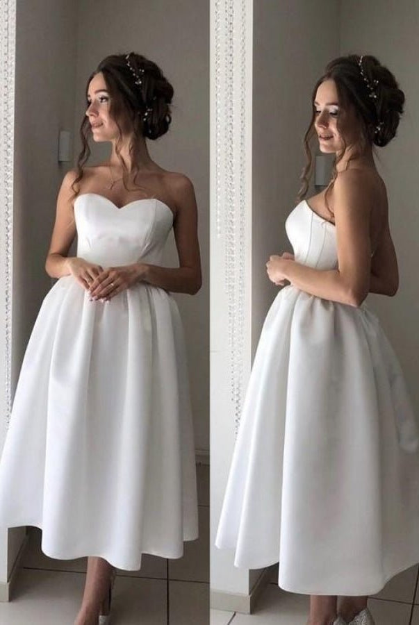 Short Satin Sweetheart Tea-length Bridal Dress for Casual Wedding