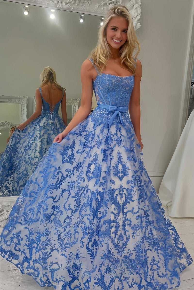 Baobabs | Blue - A Line Square Neck Tulle Applique Long Prom Dresses with Lace Appliques - KissProm