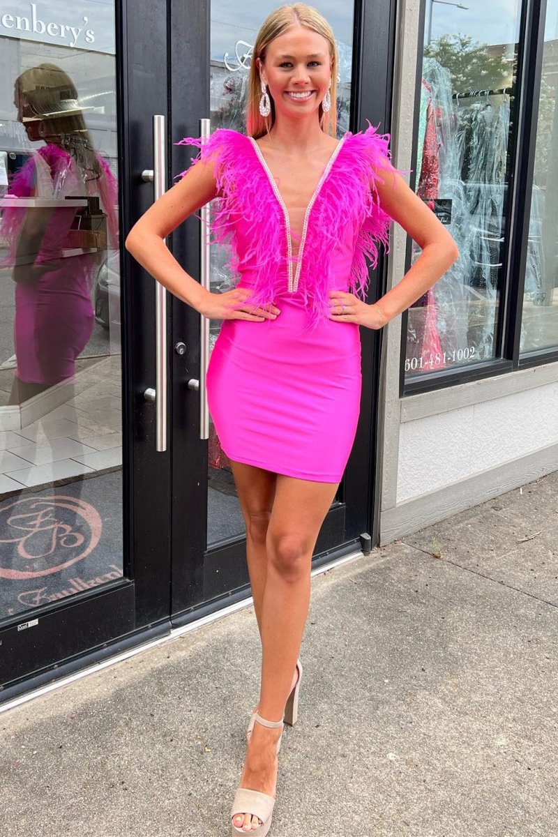 Barbie Pink Plunge V Fitted Short Dress with Feathers, Hot Pink / 2 / Satin Barbie Pink Plunge V Fitted Short Dress with Feathers, Hot Pink / 2 / Satin