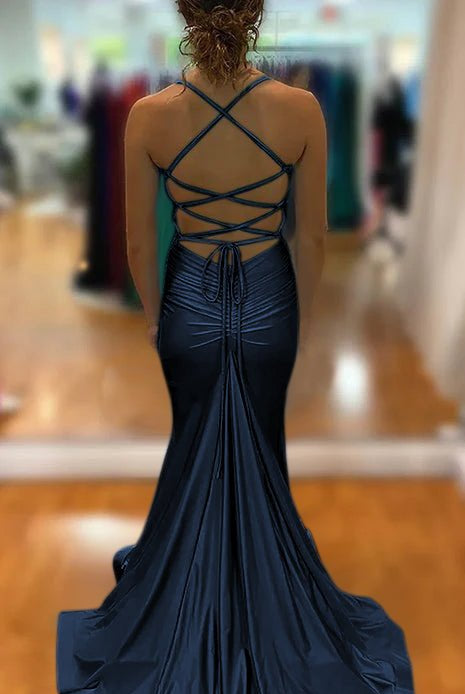 Barrie | Mermaid Spaghetti Straps Blue Satin Long Prom Dress with Criss Cross Back - KissProm