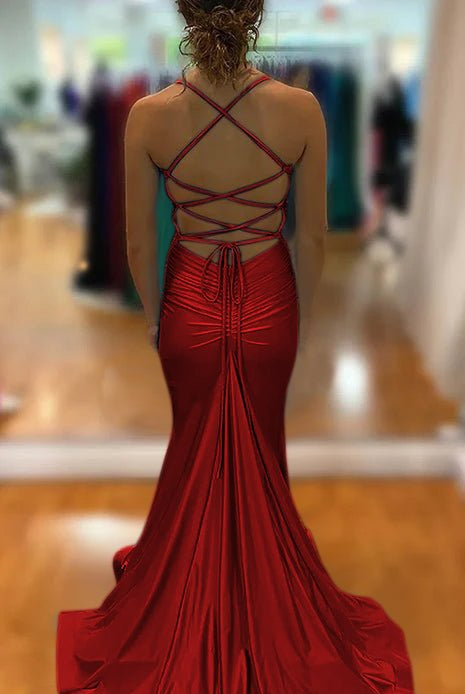 Barrie | Mermaid Spaghetti Straps Blue Satin Long Prom Dress with Criss Cross Back - KissProm