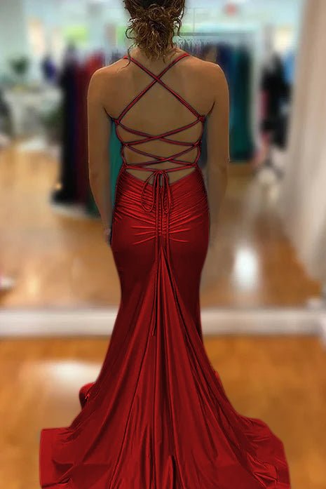 Barrie | Mermaid Spaghetti Straps Blue Satin Long Prom Dress with Criss Cross Back - KissProm