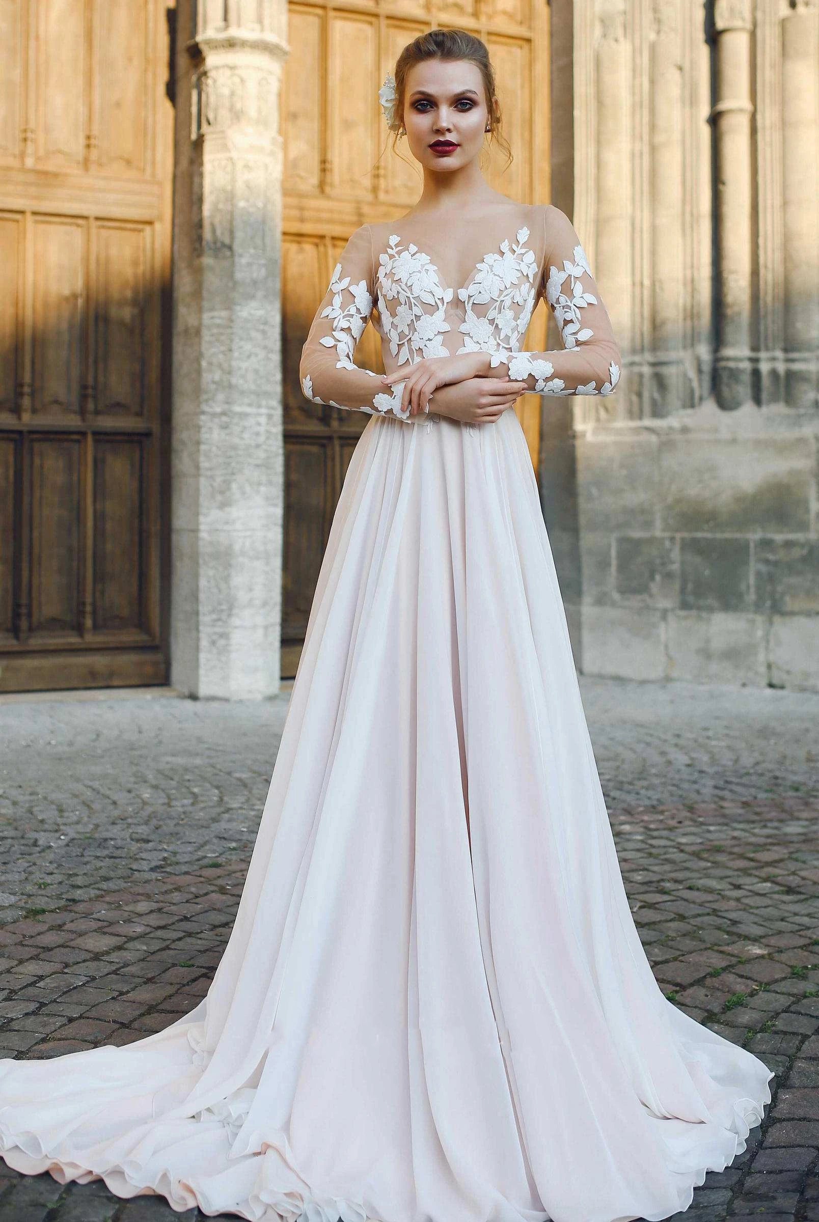 Bateau Illusion Long Sleeve Appliqued A-Line Chiffon Wedding Dress