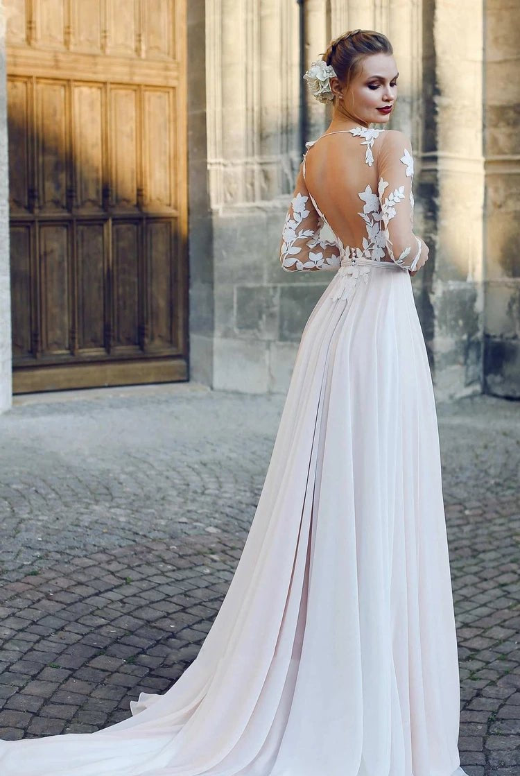 Bateau Illusion Long Sleeve Appliqued A-Line Chiffon Wedding Dress
