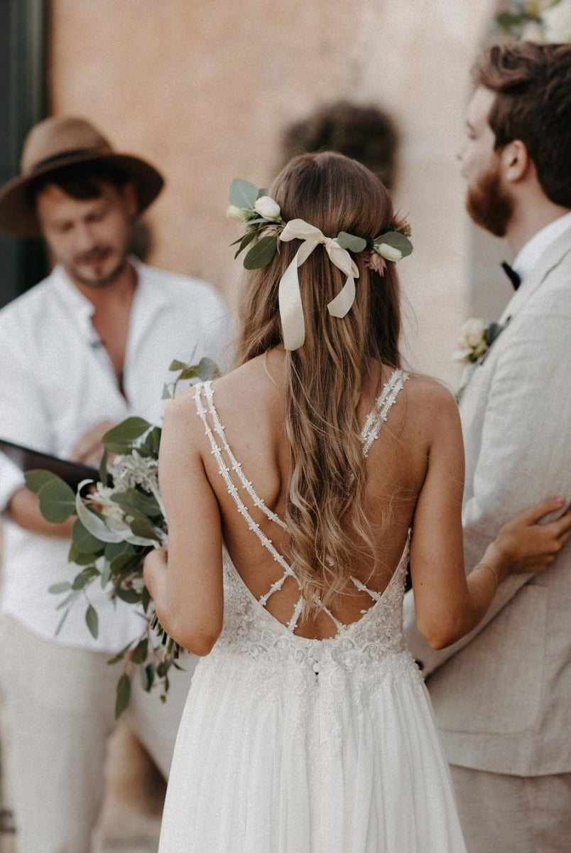 Roena | Fairy A-Line V-Neck Chiffon Long Wedding Dresses with Appliques