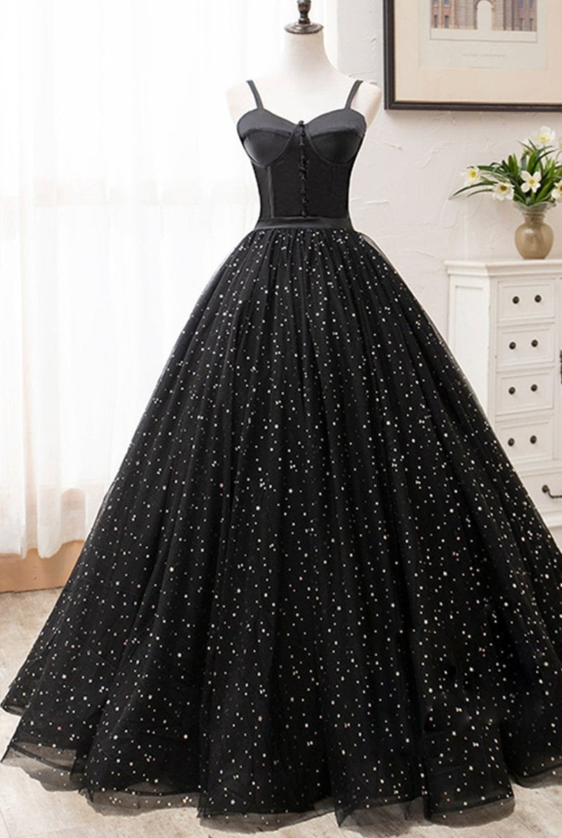 V Neck Glitter Black Long Prom Dress - KissProm