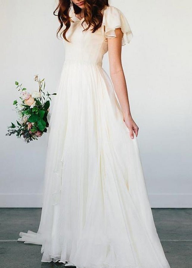 simple beach wedding dresses with sleeves Beach Chiffon A-Line Simple White Wedding Dress with Short Sleeves