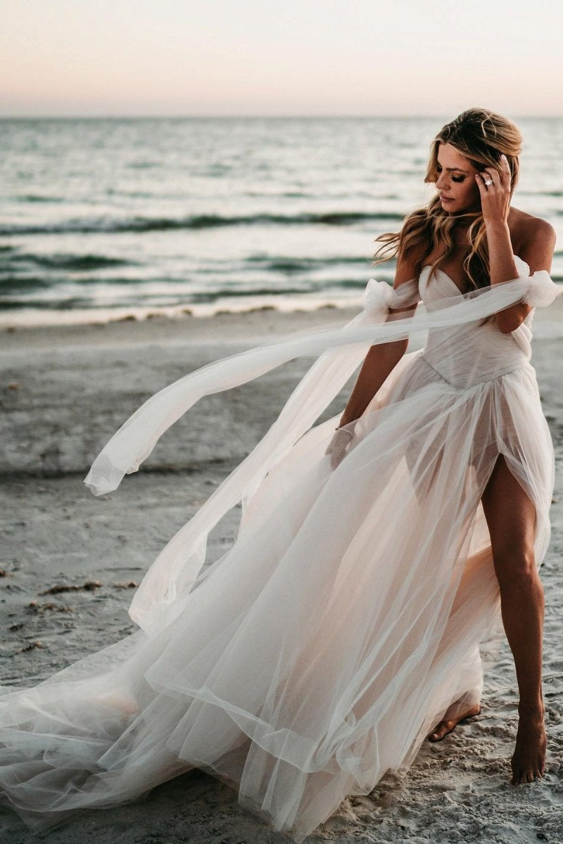 Beach Pleated Tulle Off-The-Shoulder A-Line Wedding Dresses with Slit Diamond White / 4