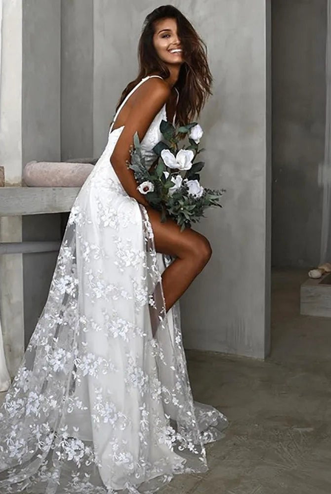 Beach V-Neck Sparkly Lace Wedding Dresses With Split Front