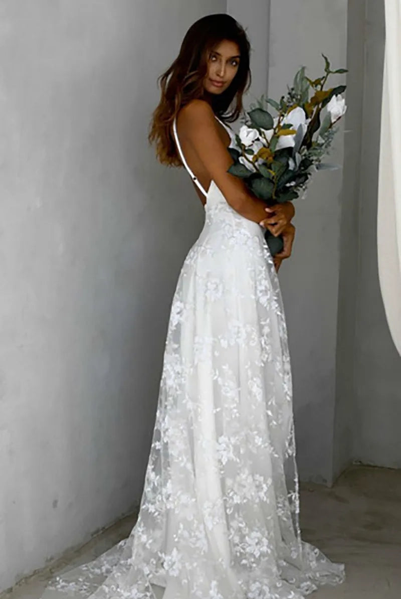 Beach V-Neck Sparkly Lace Wedding Dresses With Split Front