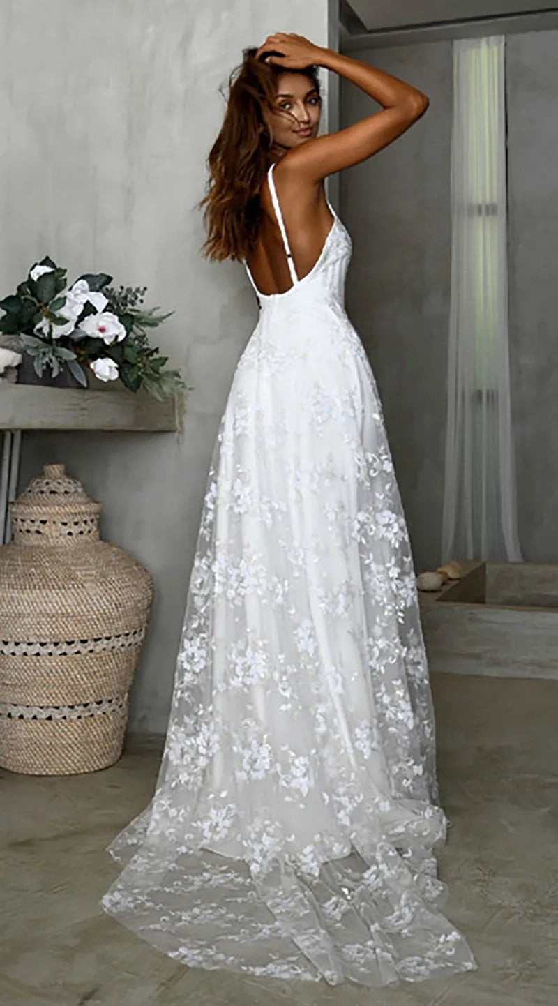 Beach V-Neck Sparkly Lace Wedding Dresses With Split Front