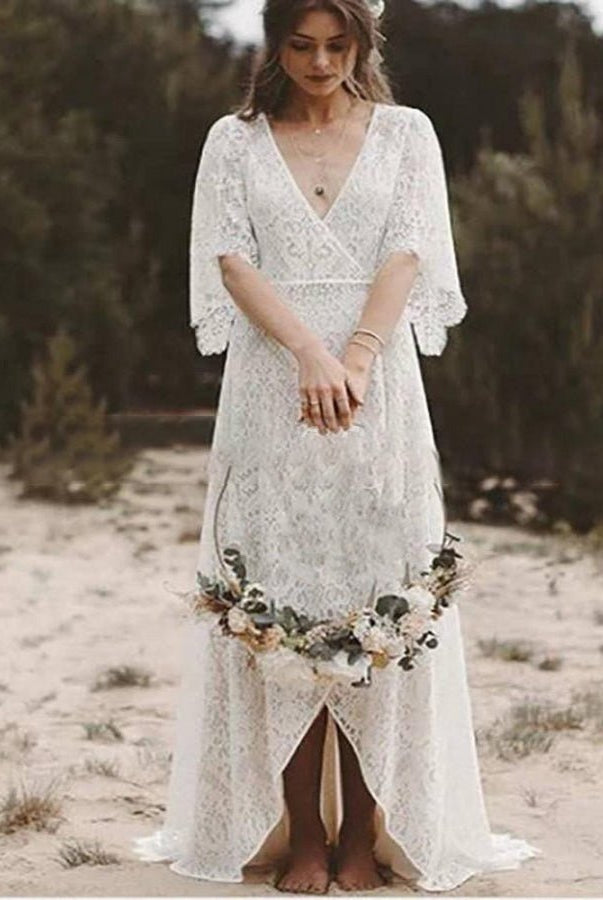 Bohemian Lace Deep V Neck Half Sleeves A Line Beach Wedding Dresses - KissProm