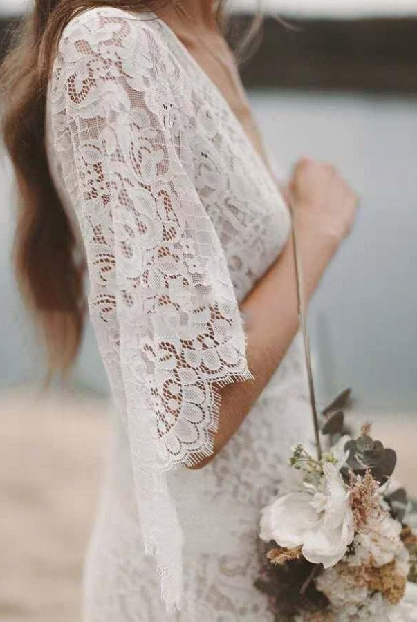 Bohemian Lace Deep V Neck Half Sleeves A Line Beach Wedding Dresses - KissProm