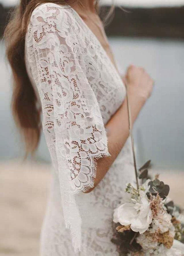 Bohemian Lace Deep V Neck Half Sleeves A Line Beach Wedding Dresses - KissProm