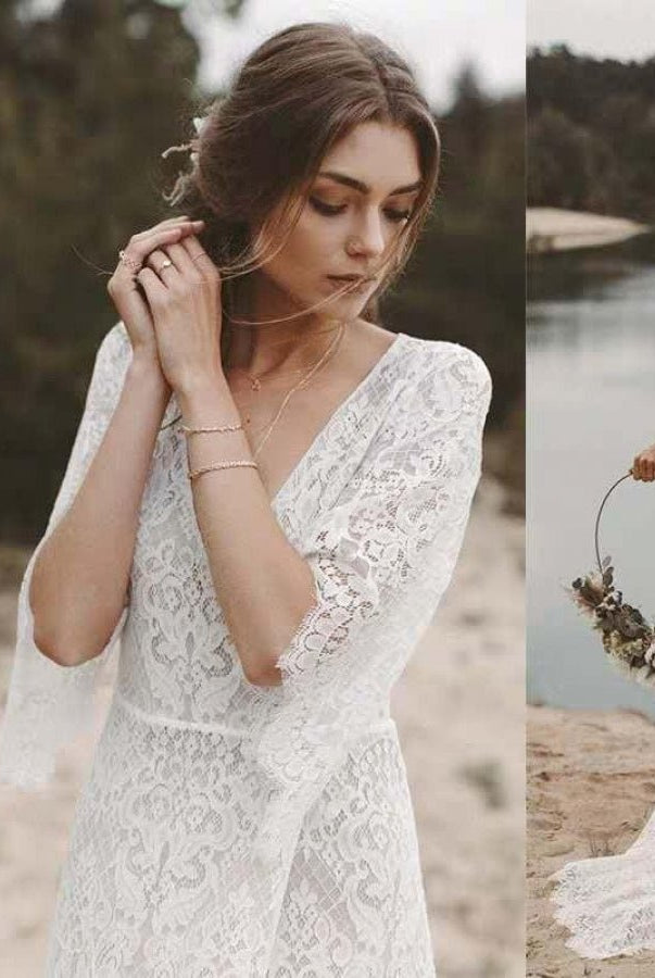 Bohemian Lace Deep V Neck Half Sleeves A Line Beach Wedding Dresses - KissProm