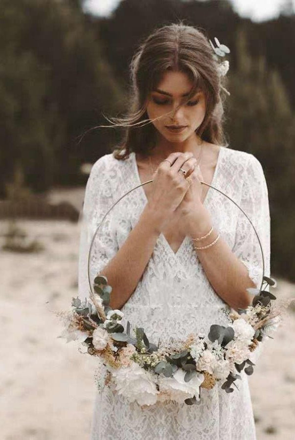 Bohemian Lace Deep V Neck Half Sleeves A Line Beach Wedding Dresses - KissProm