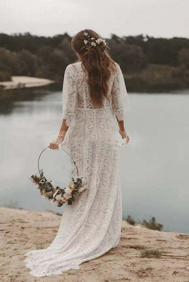 Bohemian Lace Deep V Neck Half Sleeves A Line Beach Wedding Dresses - KissProm