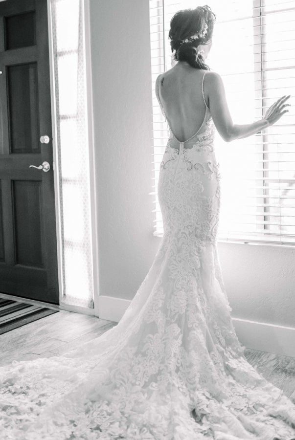 Beaded Lace Mermaid Spaghetti Straps Sleeveless Wedding Dresses