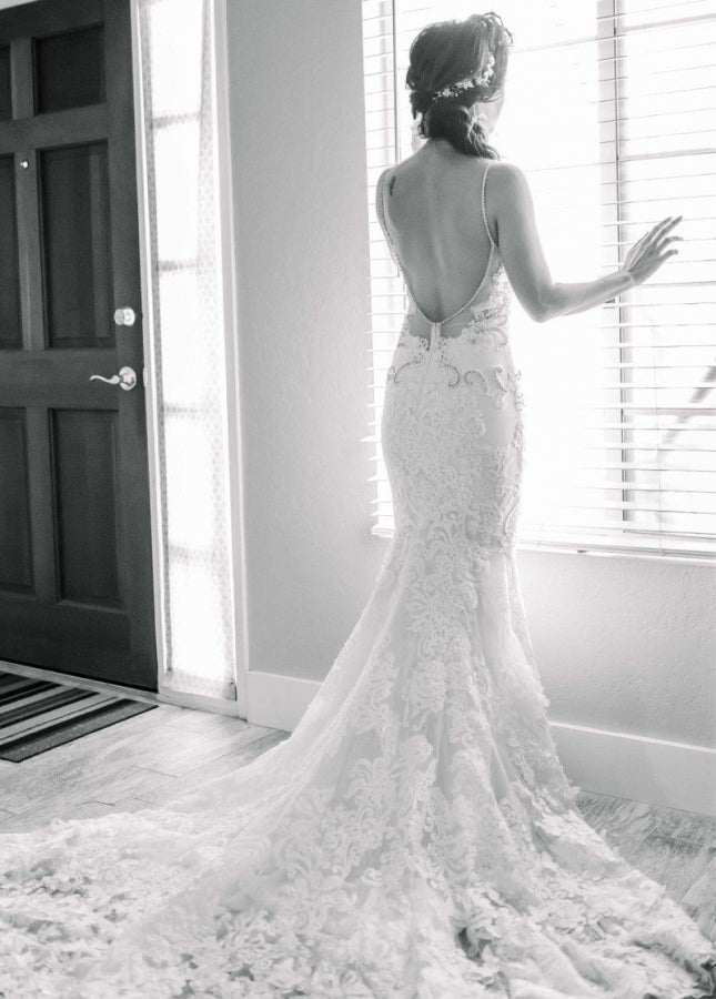 Beaded Lace Mermaid Spaghetti Straps Sleeveless Wedding Dresses