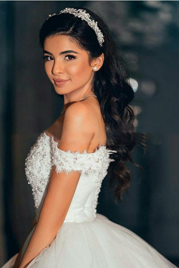 Sleeveless Beading Off-the-Shoulder Ball Gown Wedding Dress with Train