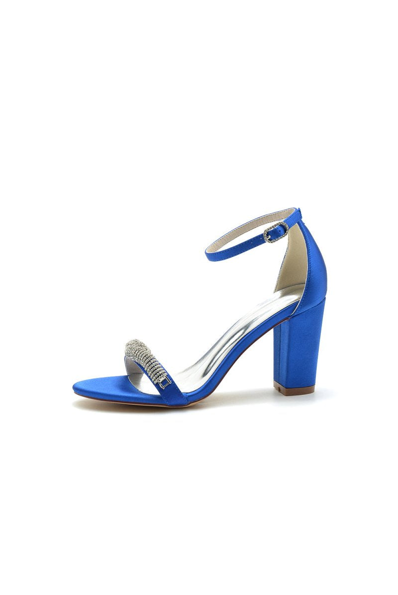 Beaded Open Toe Ankle Strap Satin Chunky Heels - KissProm