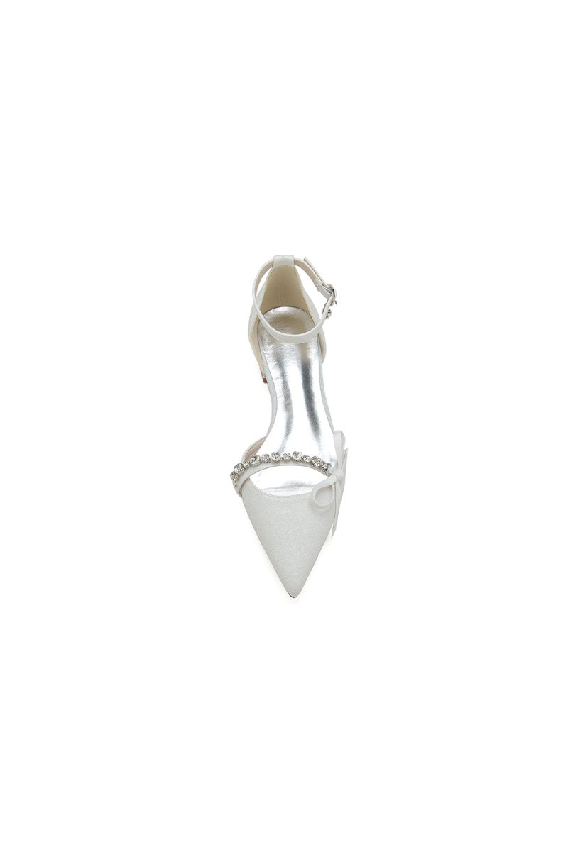 Beaded Pointed Toe Ankle Strap Wedding Shoes With Bow - KissProm
