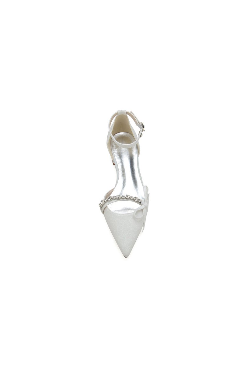 Beaded Pointed Toe Ankle Strap Wedding Shoes With Bow - KissProm