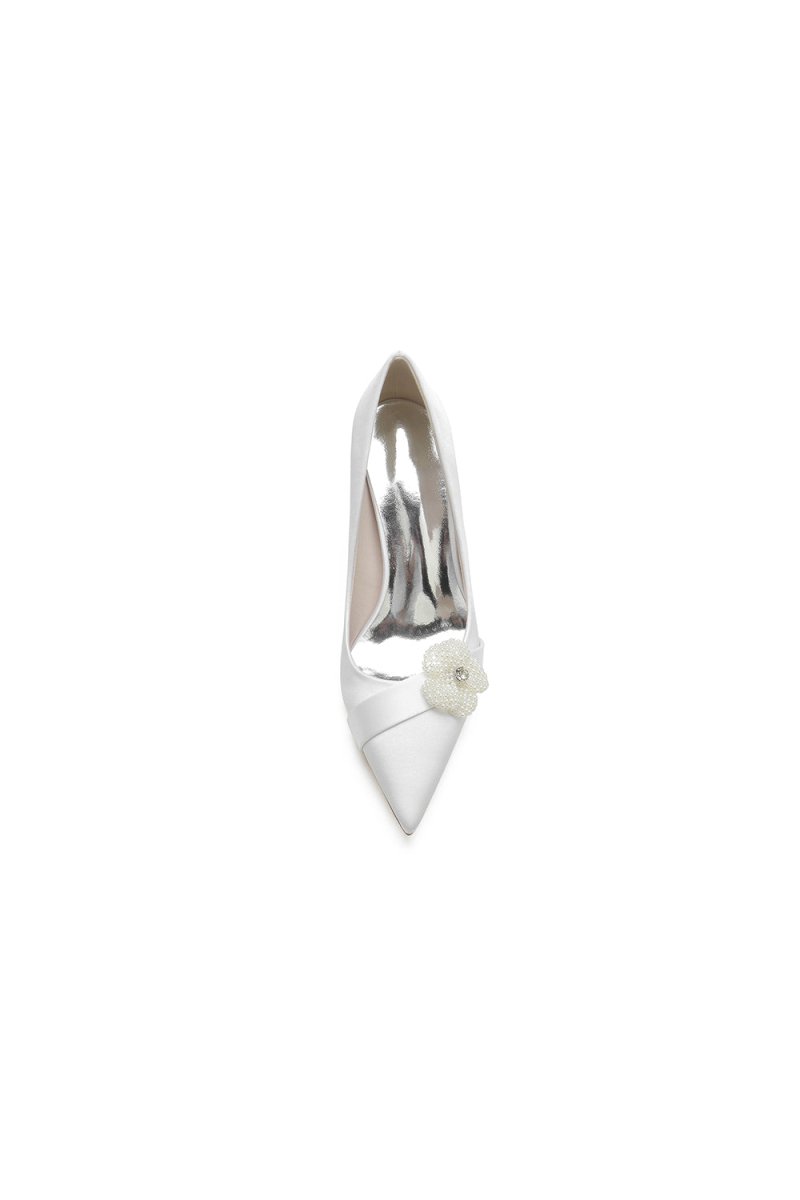 Beaded Pointed Toe Slip - on Wedding Shoes With Flower - KissProm