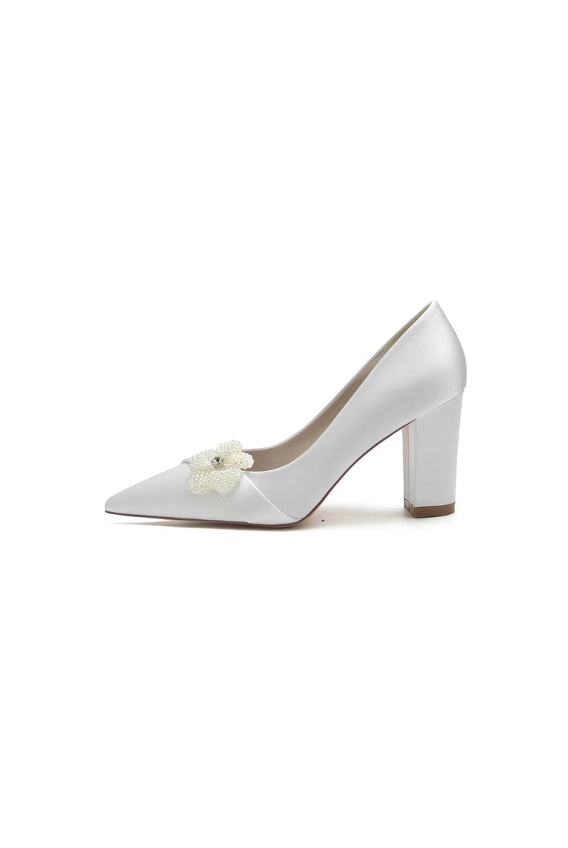 Beaded Pointed Toe Slip - on Wedding Shoes With Flower - KissProm